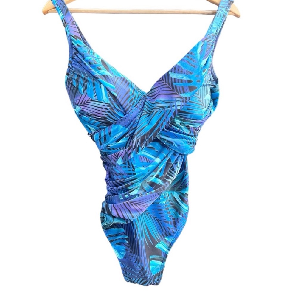Miraclesuit Royal Palms Revele One Piece Swimsuit Blue Size 14 Slimming Tummy - Picture 2 of 12